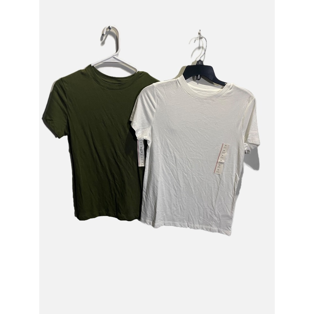 A New Day T-Shirt Women XS Green White 2 Pack‎ Short Sleeve Basic Casual Tee